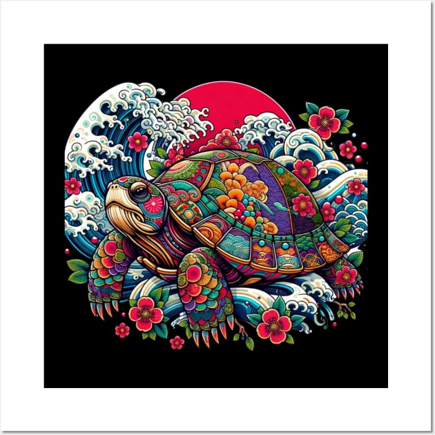 Flower Waves Floral Art Traditional Japanese Turtle Wall Art by Willie Biz Merch
